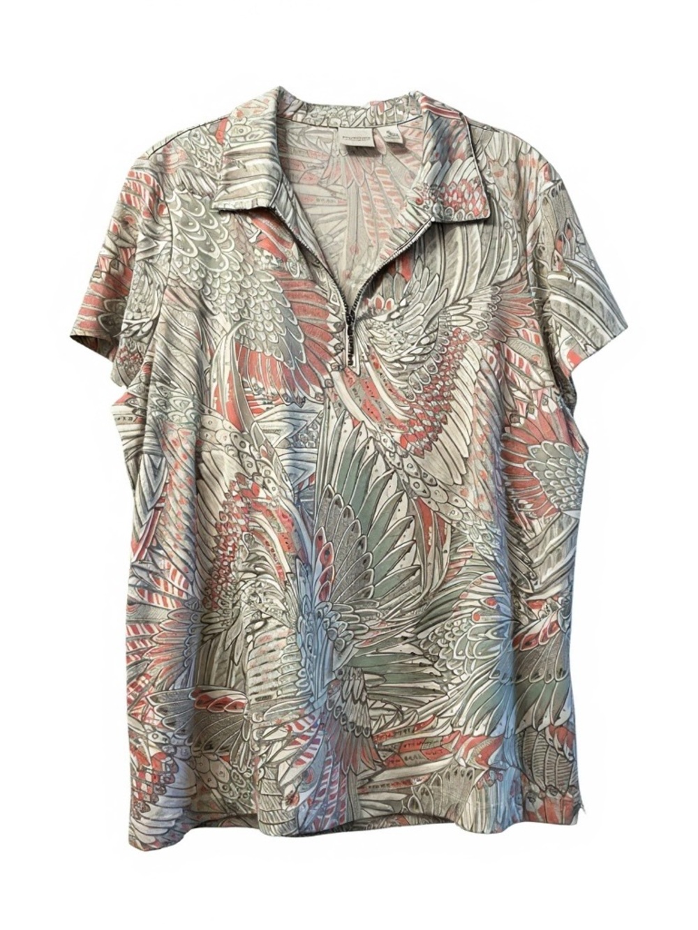 Chico's Short-Sleeve Zip-Neck Feather Printed Polo in Coral and Sage.
